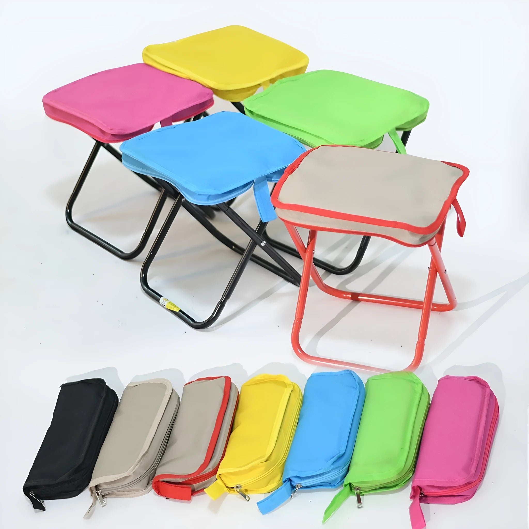 Foldable outdoor camp stool in oxford cloth shown in a khaki colour, folded compactly.