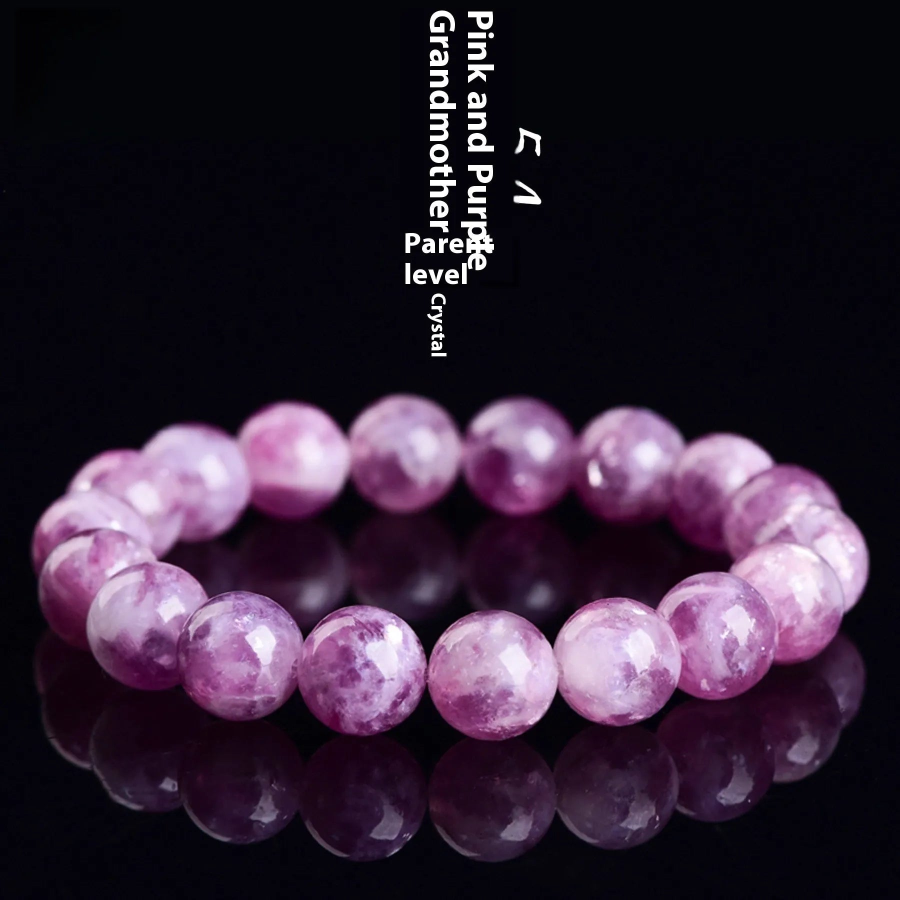 Purple polished crystal beaded bracelet with geometric beads on a white background.