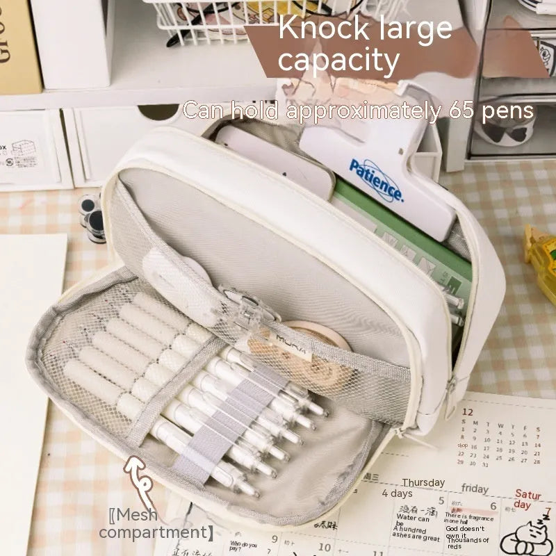 Large capacity Korean style canvas pencil case storing multiple pens in green colour option