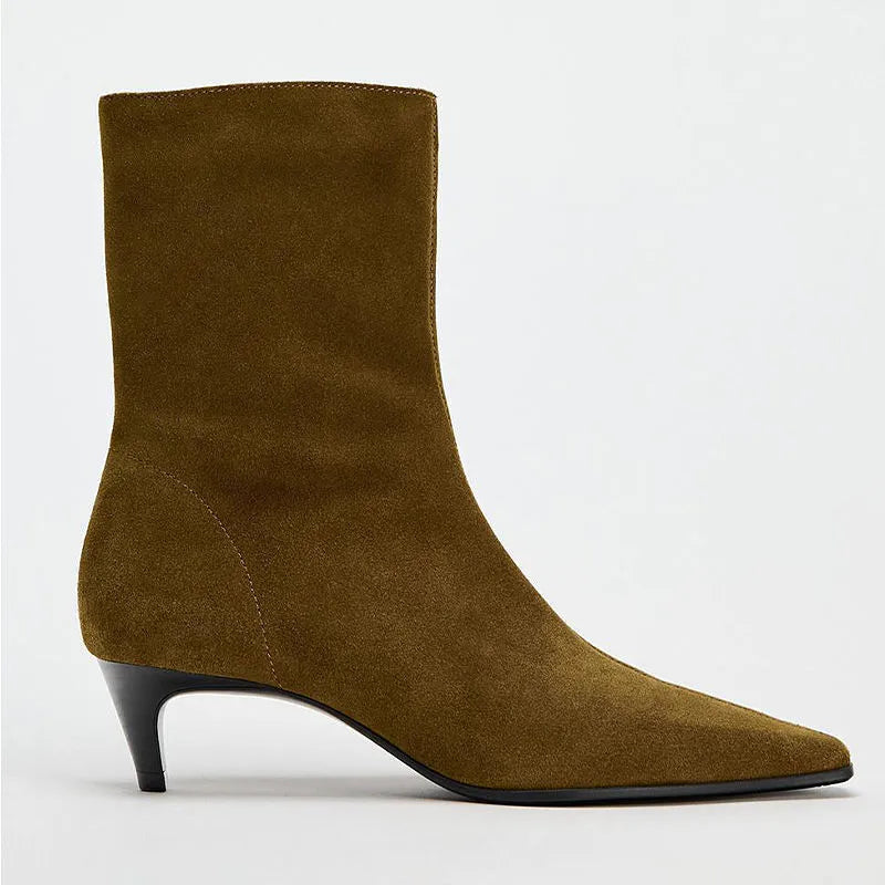 Brown square toe mid-calf boot with a side zip and a kitten stiletto heel on a white background.