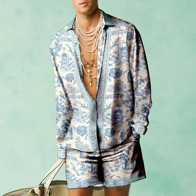 Men's slim fit polyester shirt and shorts set in a summer colour on a hanger