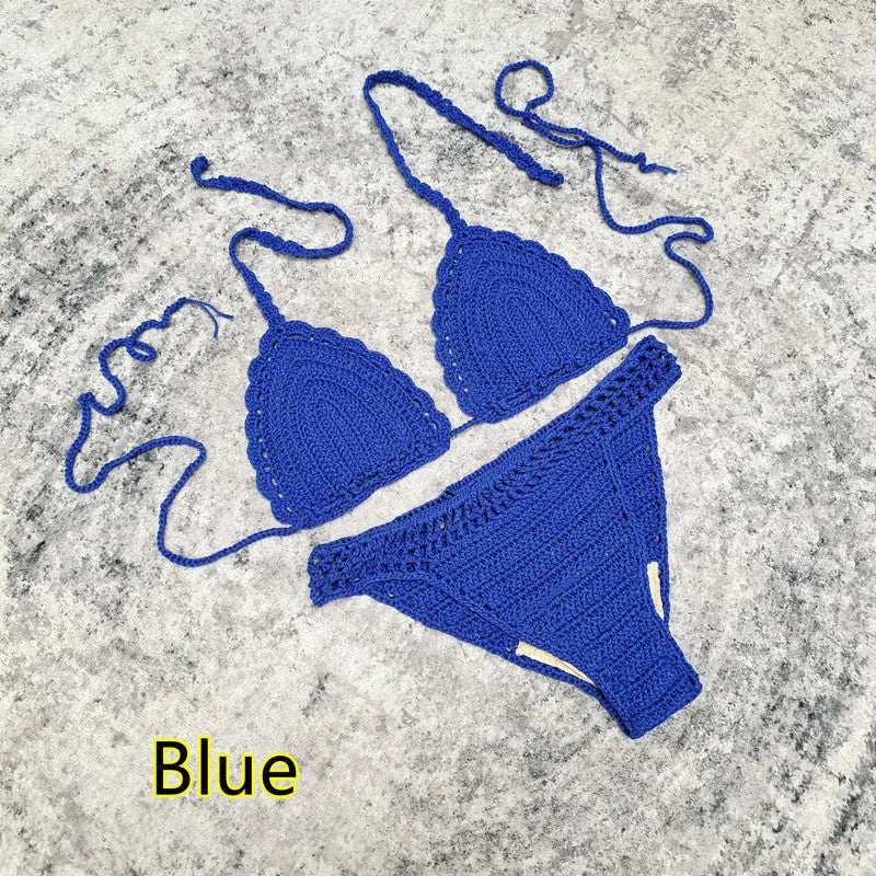 Women's 3-piece crochet bikini swimsuit set in a choice of colours on a mannequin.