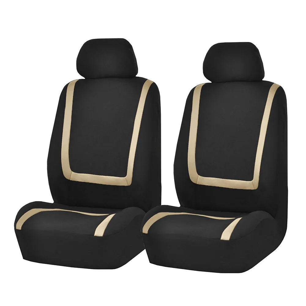 Fully enclosed fabric car seat cover set shown in a two-tone colour on a vehicle seat.