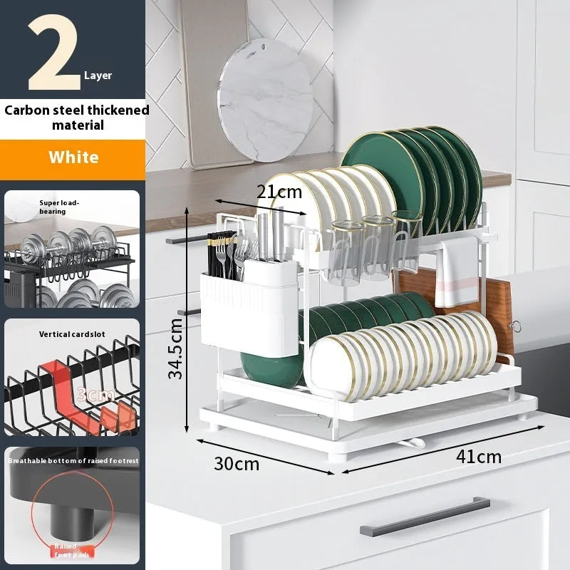Double-layer kitchen storage rack with removable components in black or white finish