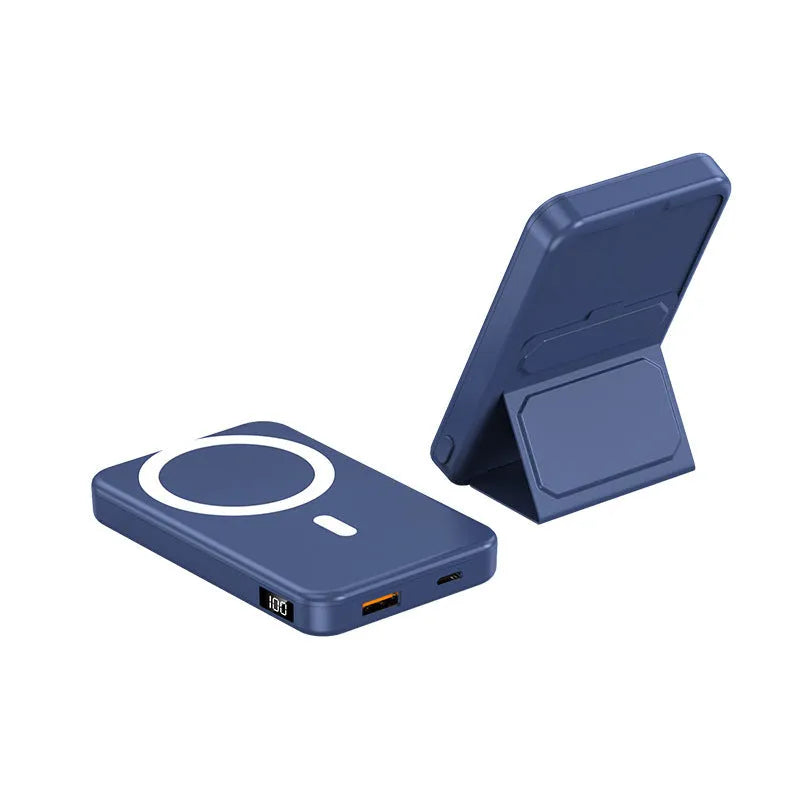 Magnetic wireless charging power bank with folding stand in pearl white colour.