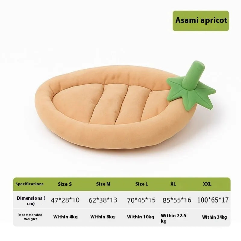 Removable cloth dog bed mat shown in purple, with S M L XL XXL size labels and weight recommendations.