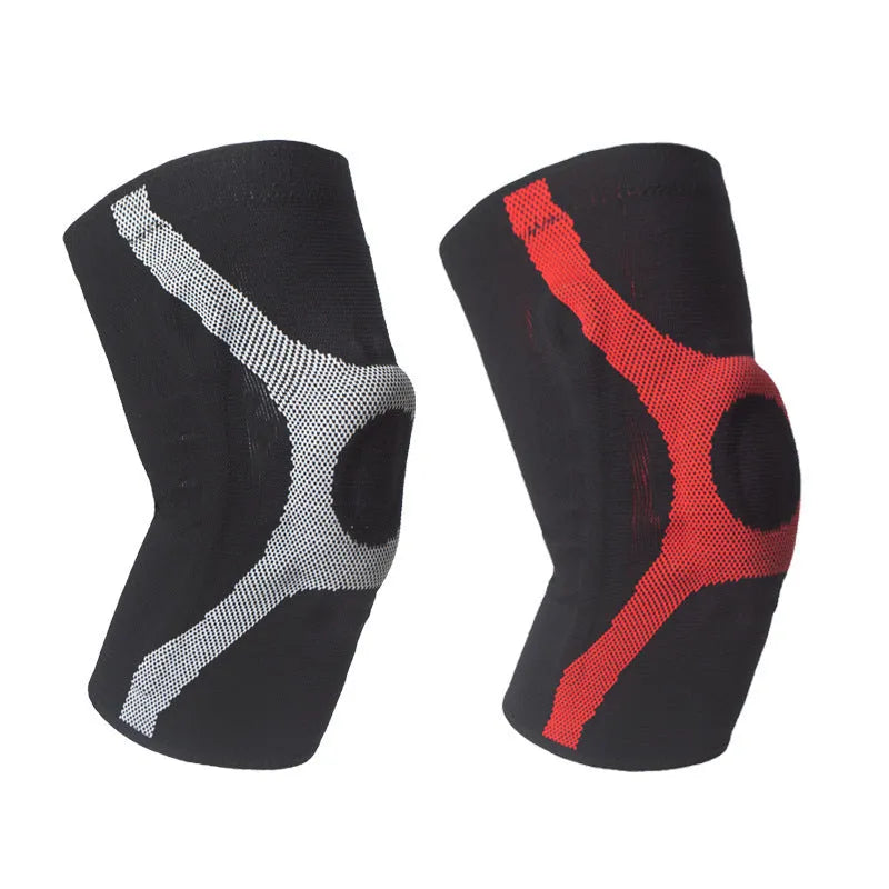 Silicone sports kneecap in red, showing knitted non-slip design for knee protection.