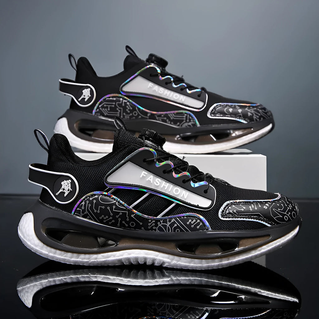 Men's breathable mesh sports shoes in black colour with elastic band and popcorn TPU sole