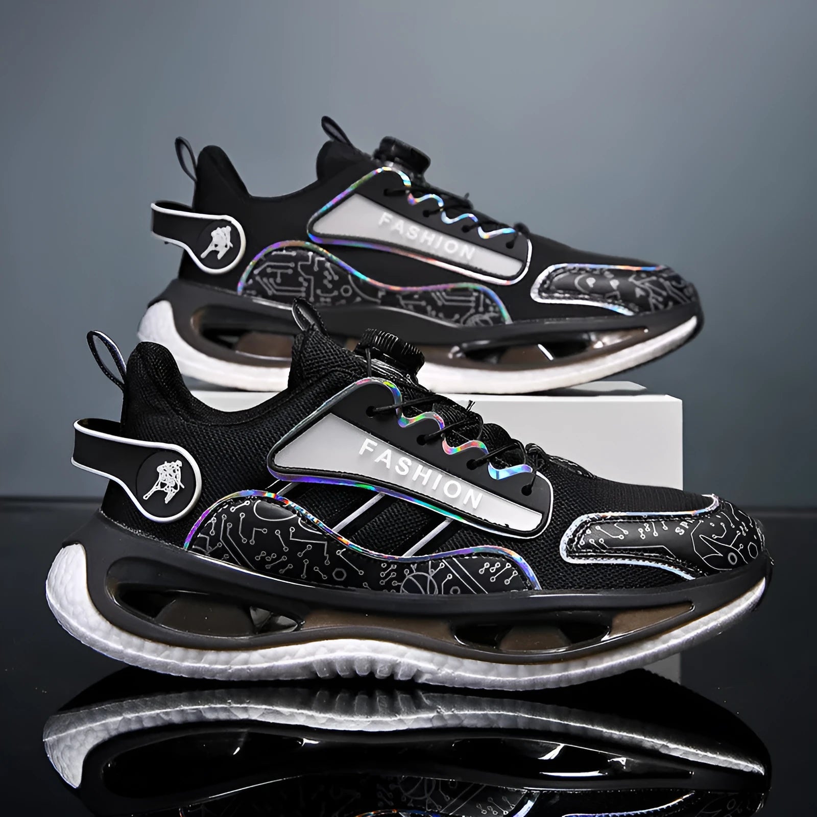 Men's breathable mesh sports shoes in black colour with elastic band and popcorn TPU sole