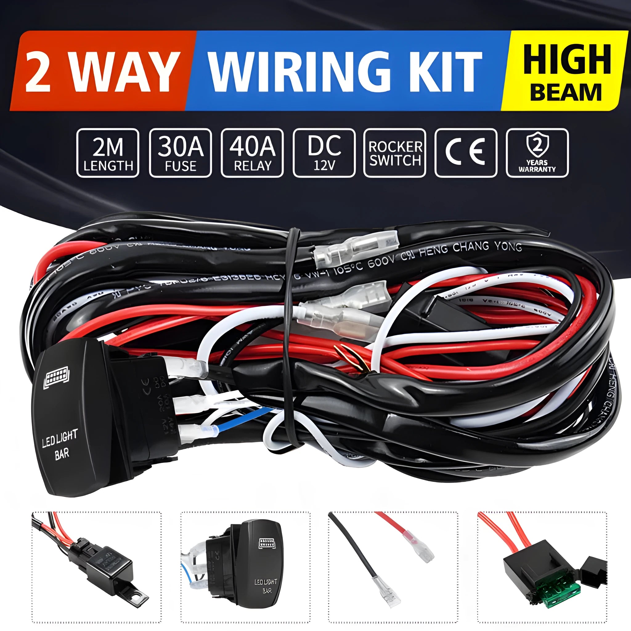 Black off road LED spotlight cable set with switch for vehicle lighting installation