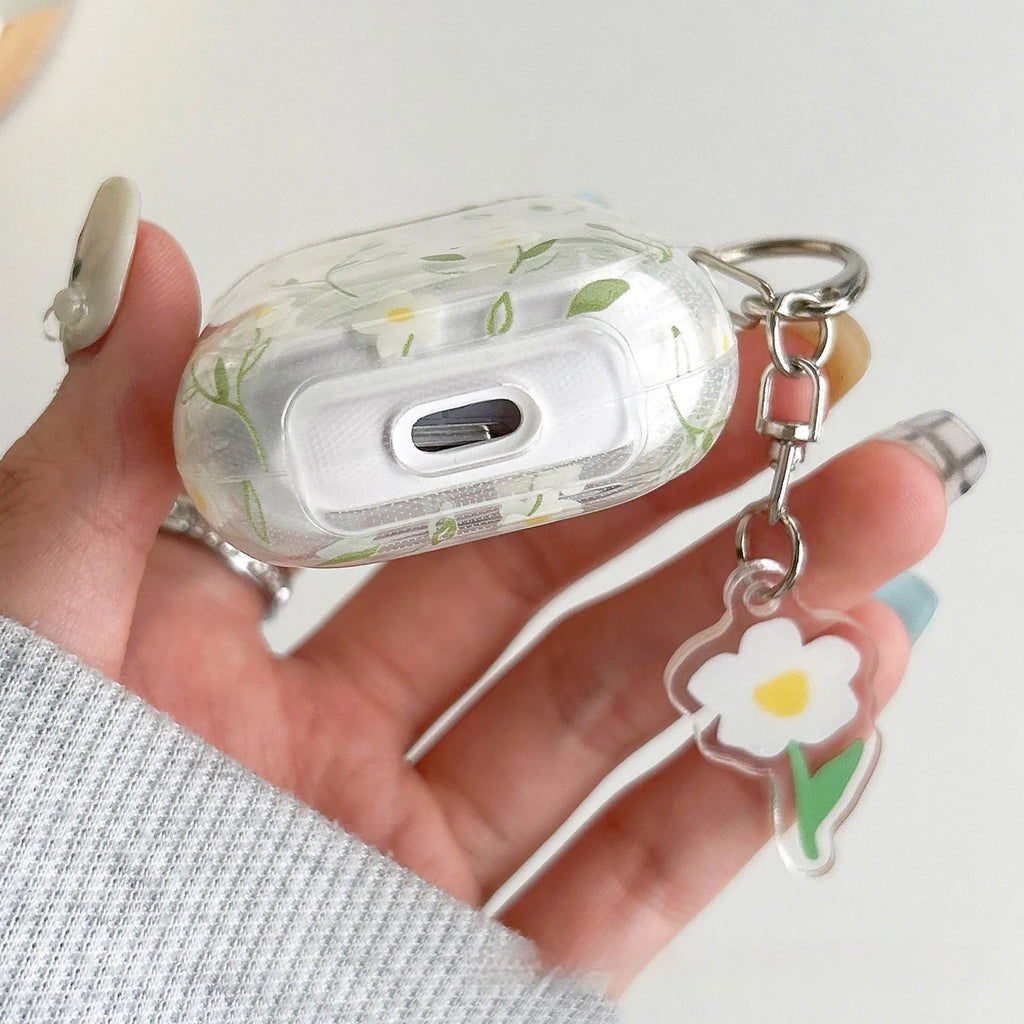 Clear TPU protective case with white floral pattern for Apple AirPods charging case