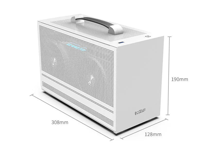 Three Hummingbird PRO portable ITX desktop chassis in titanium gray or white with tinned steel construction