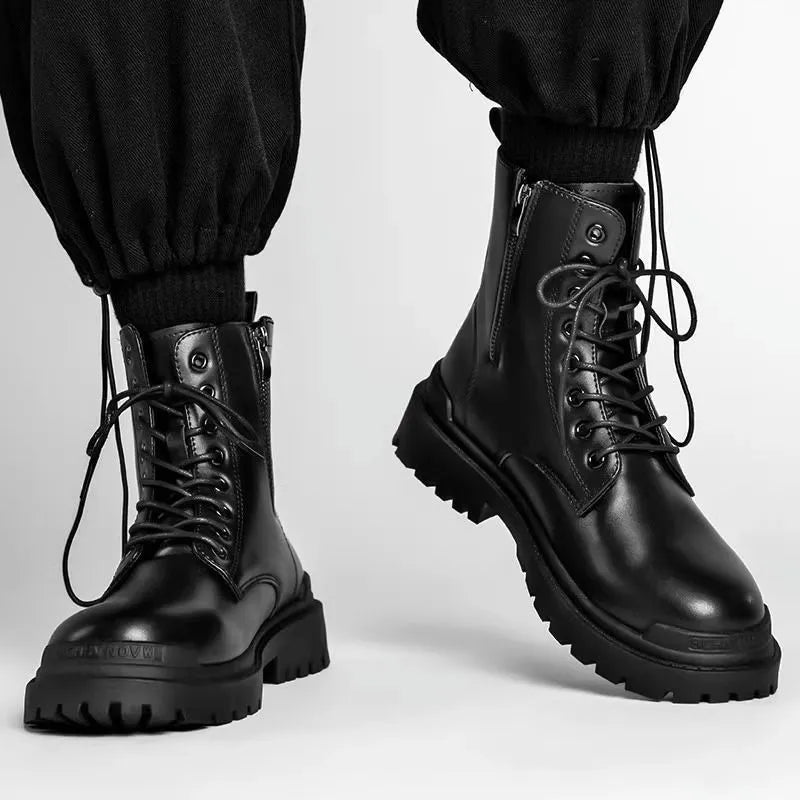 Men's black mid-top tide boots with rubber sole and PU upper in British leather style