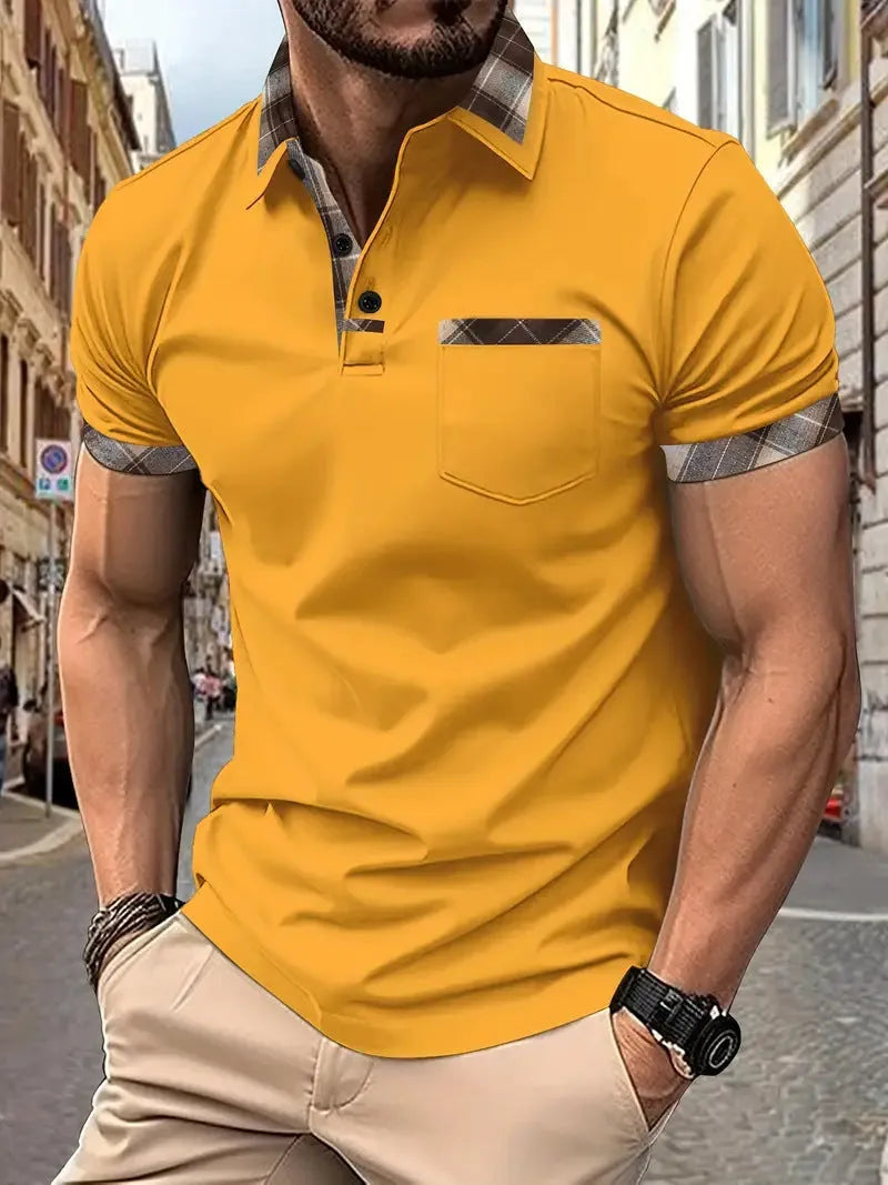 Men's loose fit plaid colourblock short sleeve T-shirt on a white background