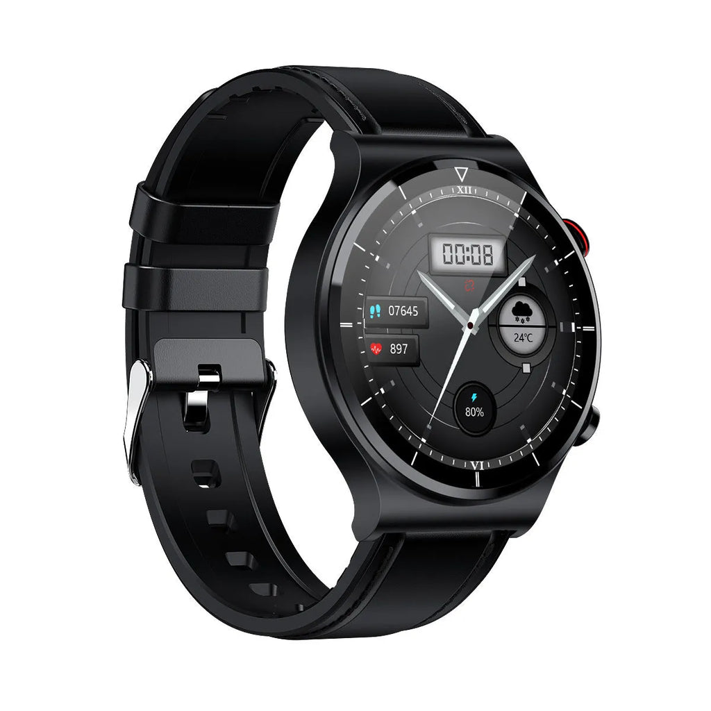Smart watch with wireless charging and ECG monitoring, 1.32-inch screen, metal alloy case, black leather strap