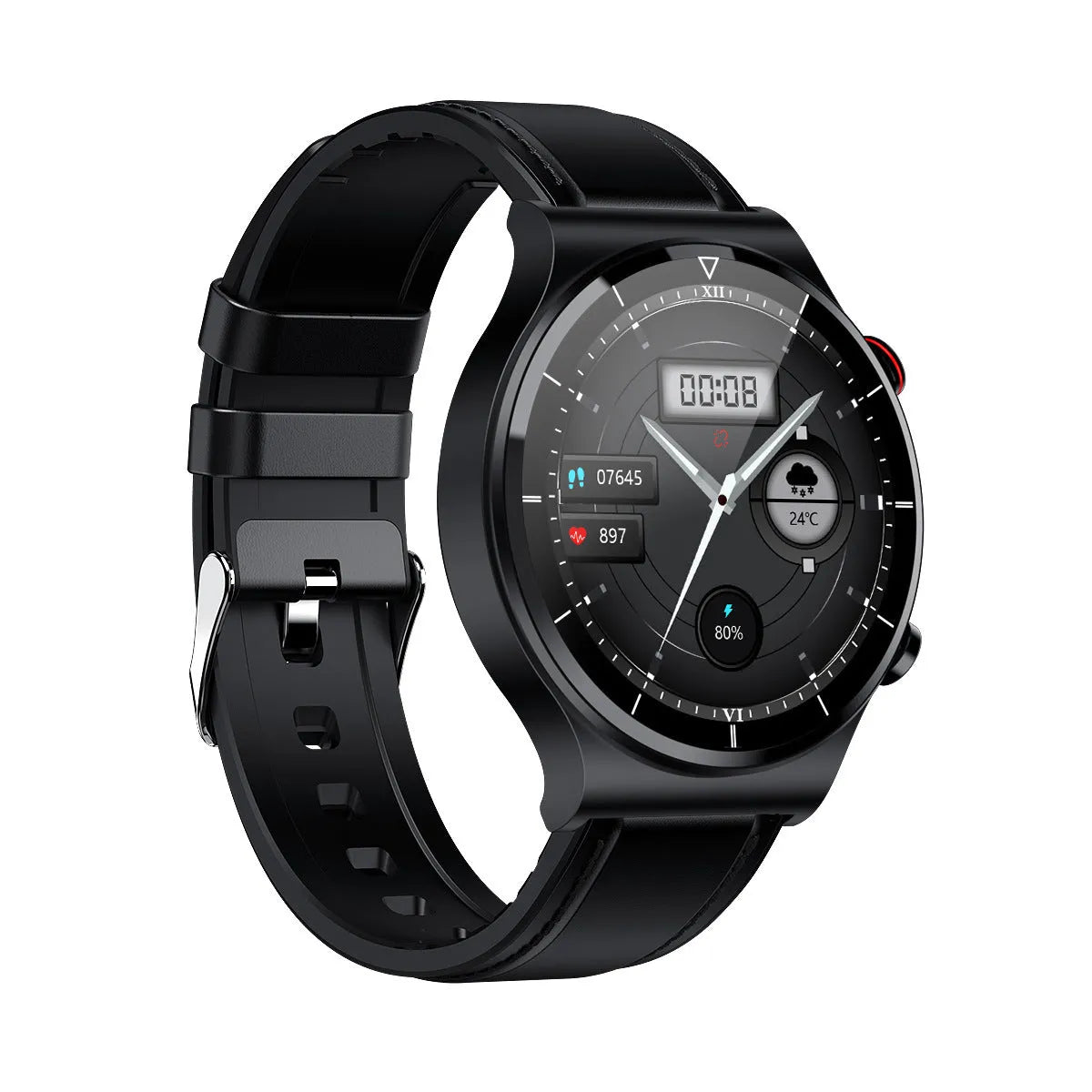 Smart watch with wireless charging and ECG monitoring, 1.32-inch screen, metal alloy case, black leather strap