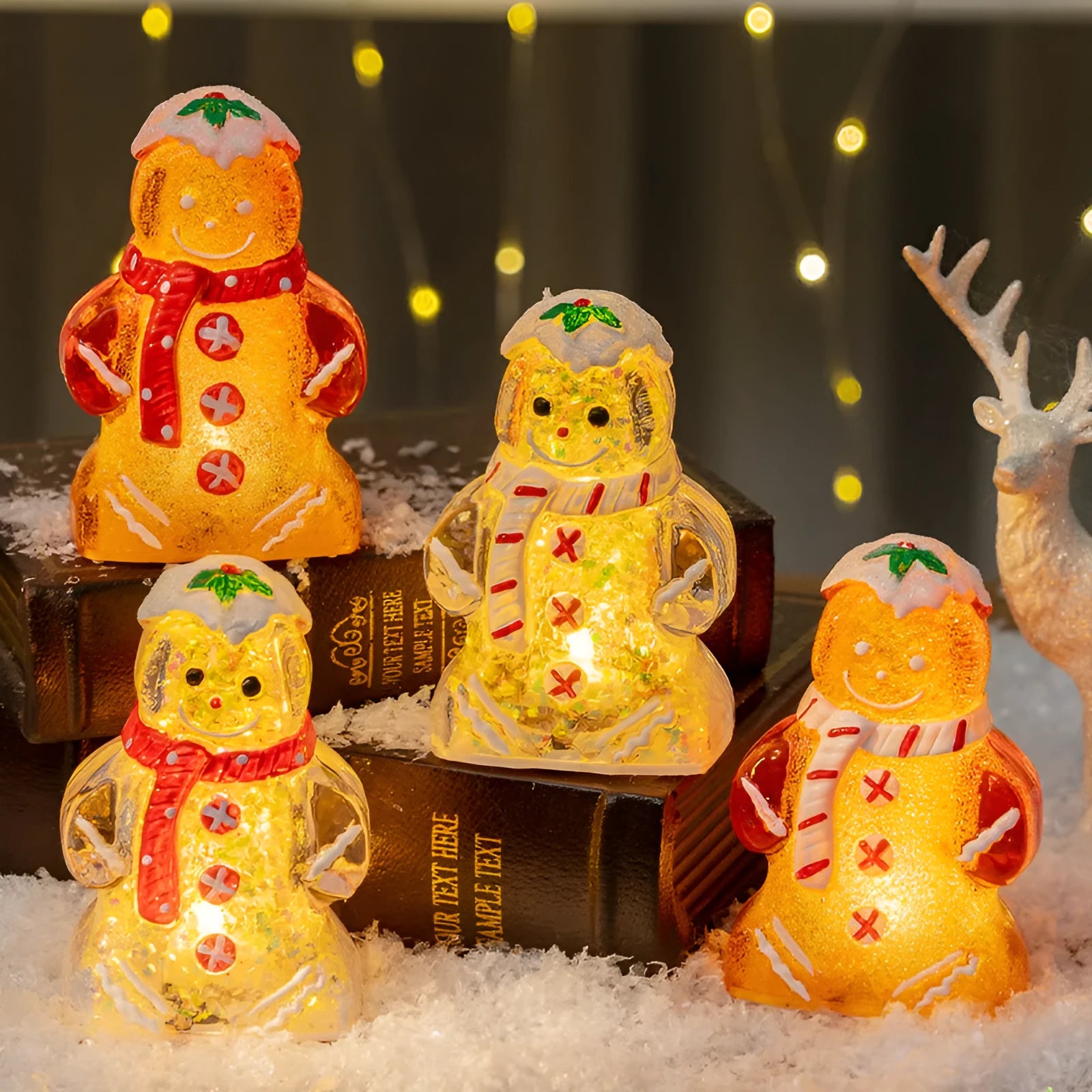 Glowing gingerbread man Christmas ornament with snowman design in four scarf colour options