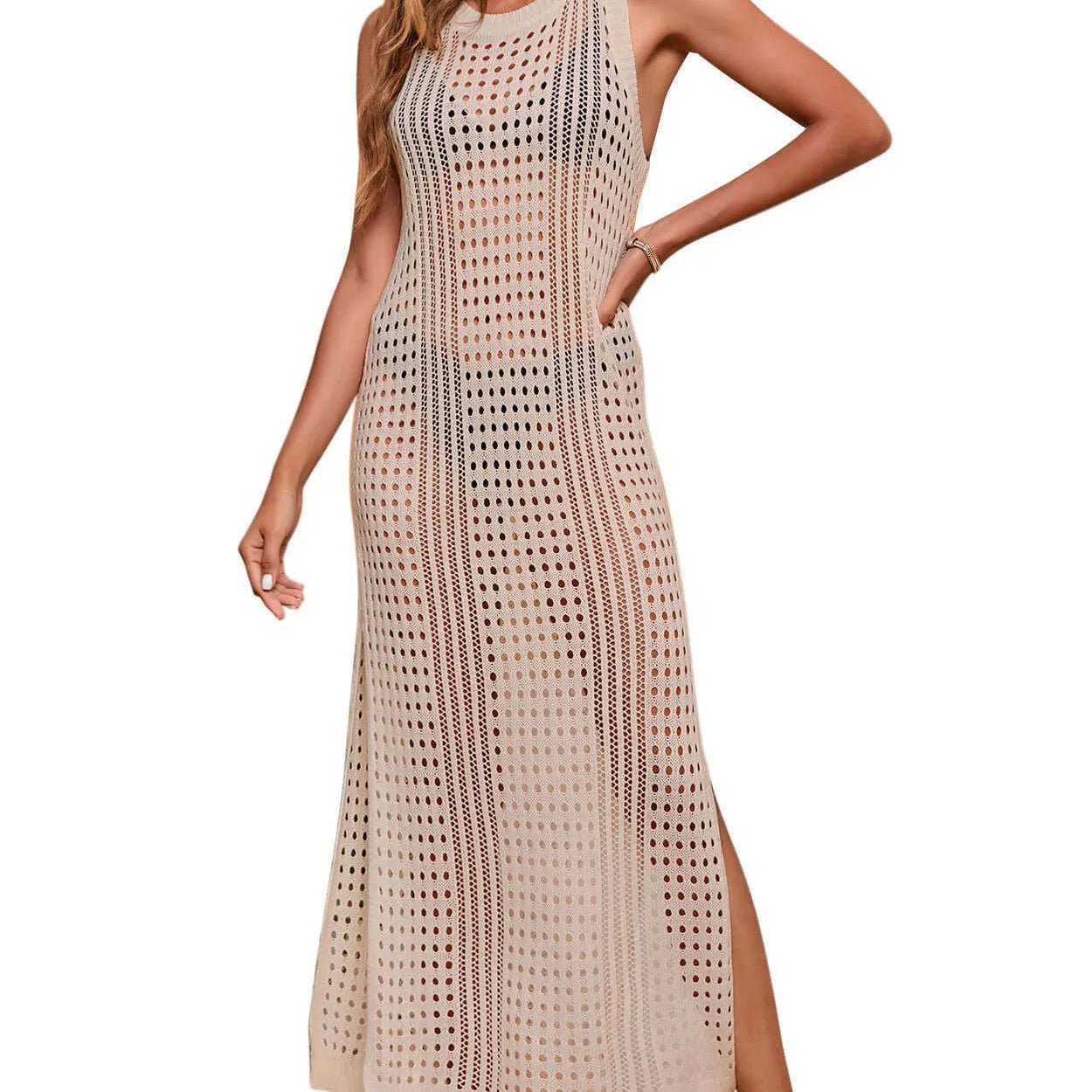 Women's long loose beach blouse with hollow-out knitted design in solid colour options