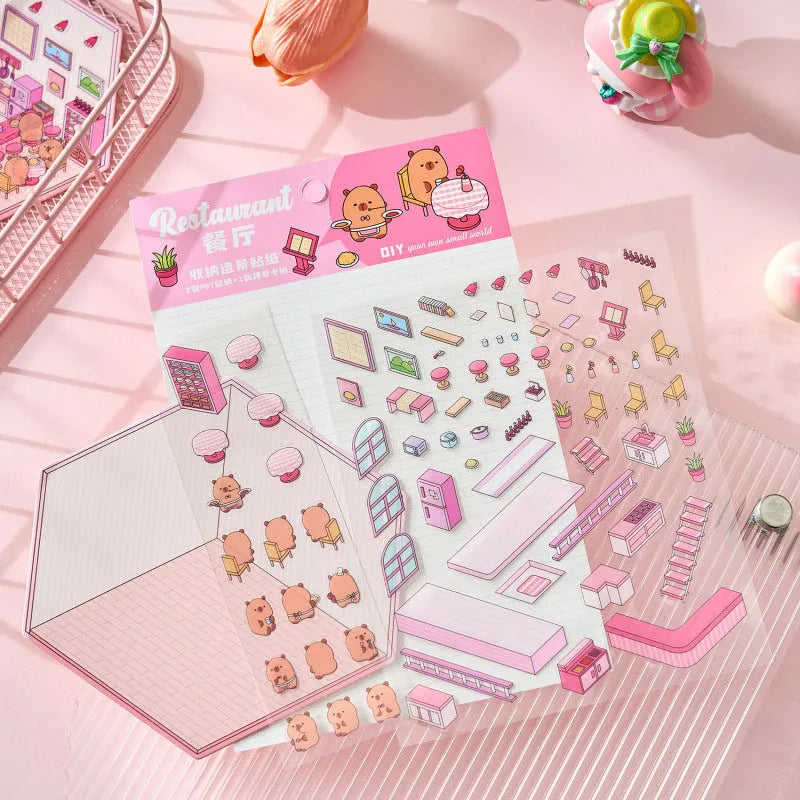 Set of eight Capabala cut-free 3D cartoon shop stickers showing bakery, bookstore, and flower shop designs.