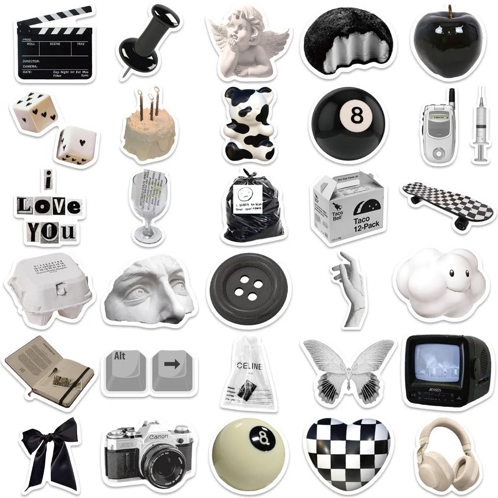 Assortment of 61 black and white waterproof PVC stickers for laptops, phones, and travel gear.