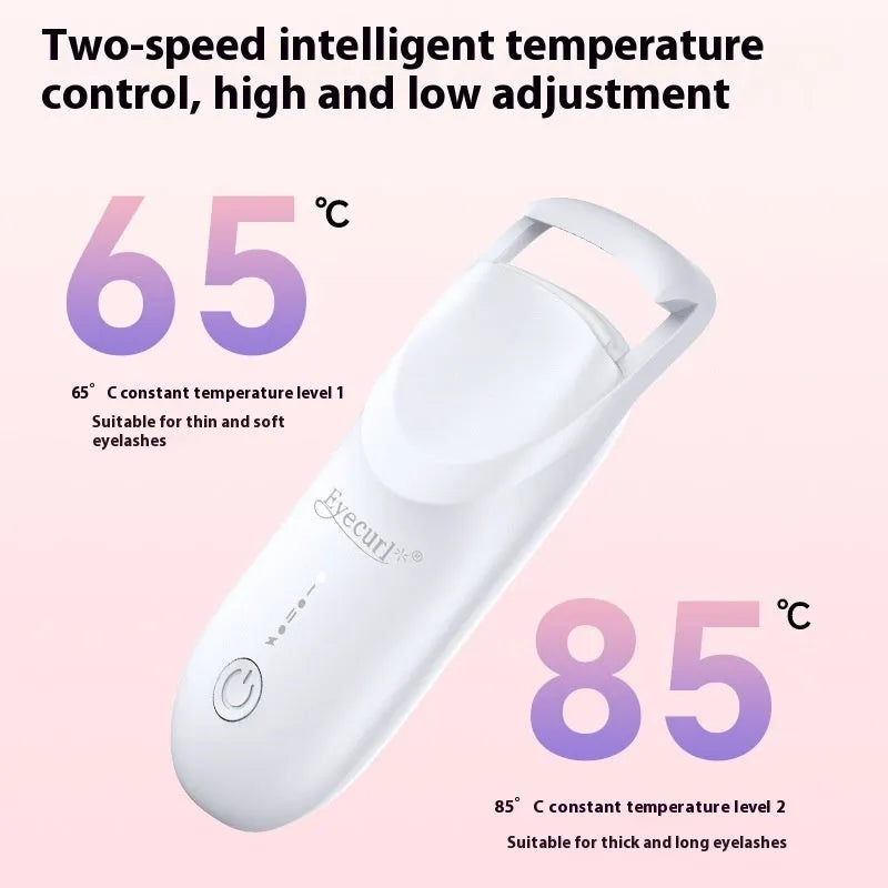 USB-C rechargeable electric eyelash curler in cream white, pink, or apricot with charging cable