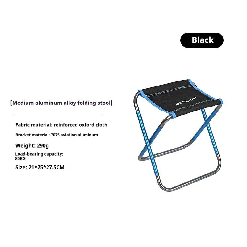 Black aluminium alloy folding stool in outdoor setting, shown in folded and unfolded positions.