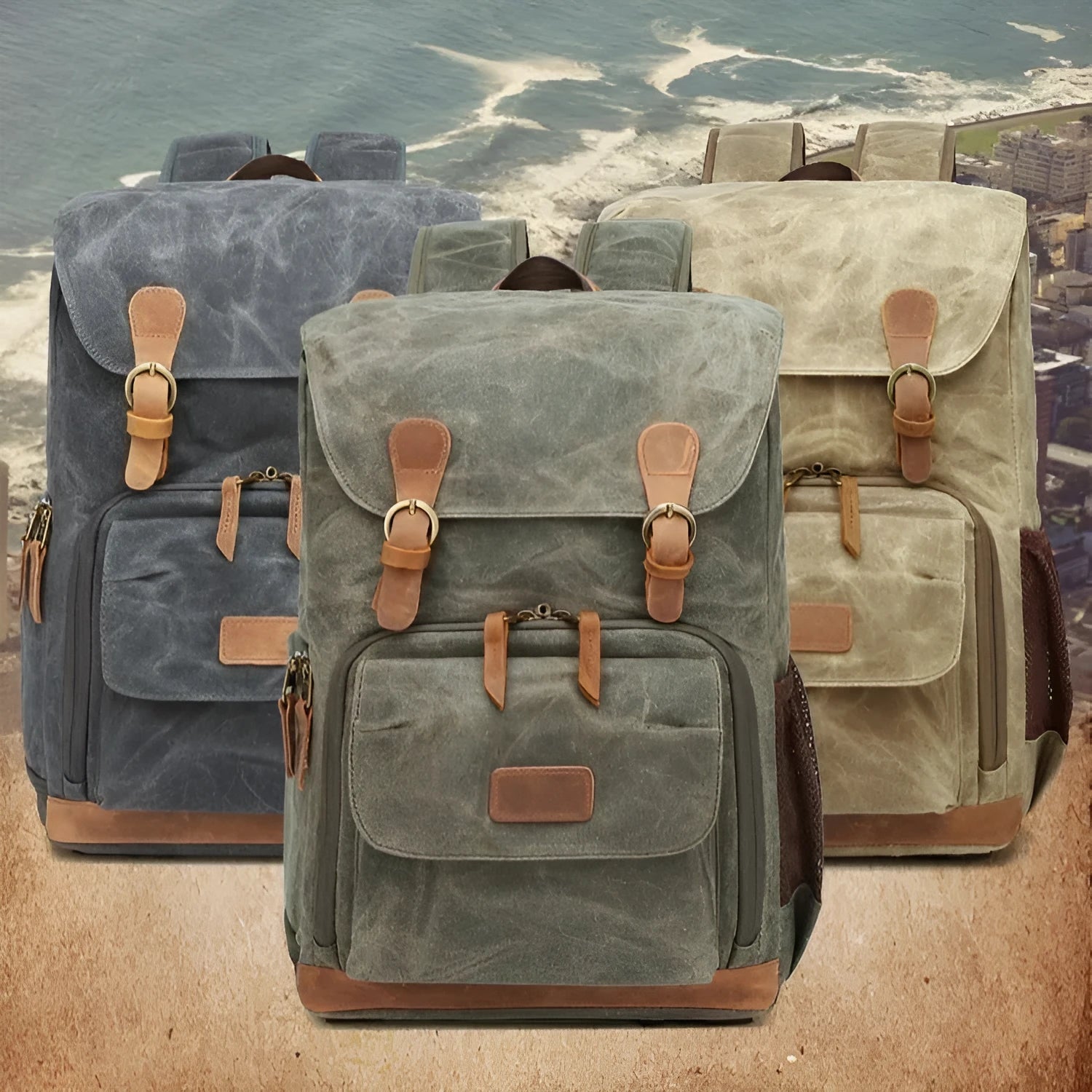Canvas DSLR camera backpack in khaki colour with backpack straps and camera compartment