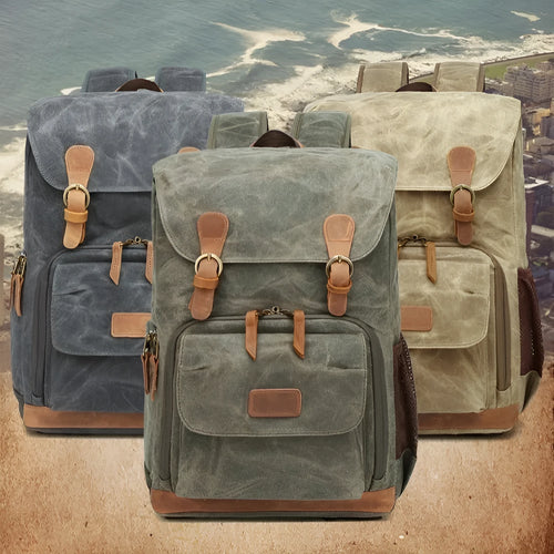 Canvas DSLR camera backpack in khaki colour with backpack straps and camera compartment