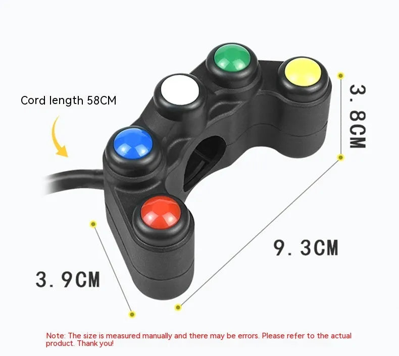 Five-position vehicle switch with red, yellow, blue, green, and white buttons for motorcycle electrical control