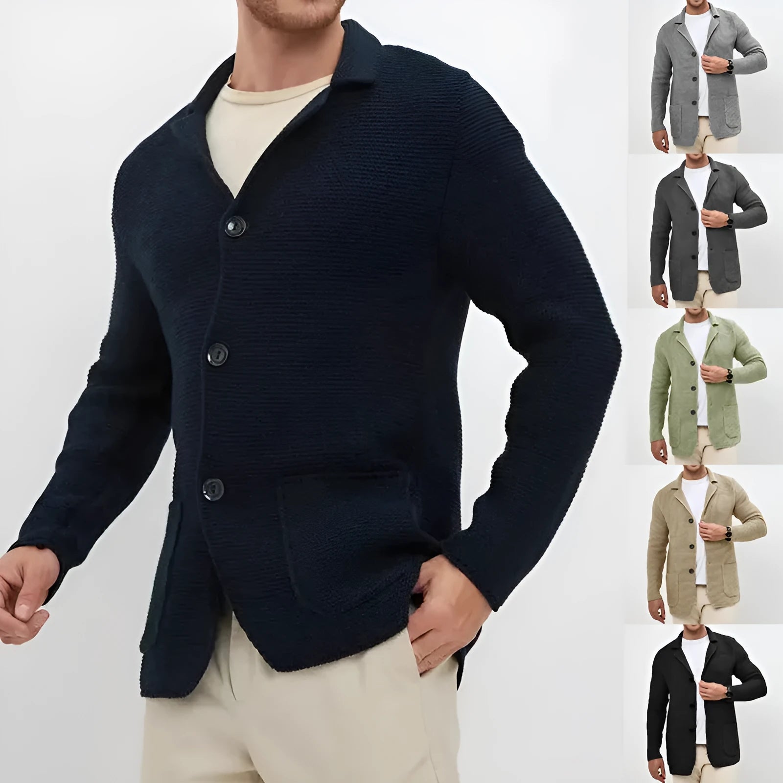 Men's knitted cardigan sweater jacket with lapel collar in black, slim fit long sleeve acrylic yarn winter wear