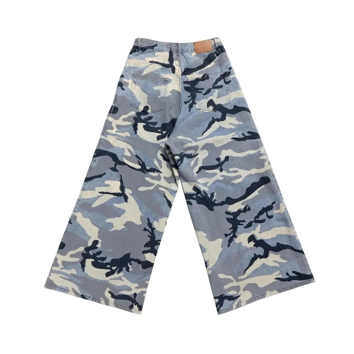Snow camouflage blue loose-fit jeans with micro-elastic cotton denim fabric and mid-waist design