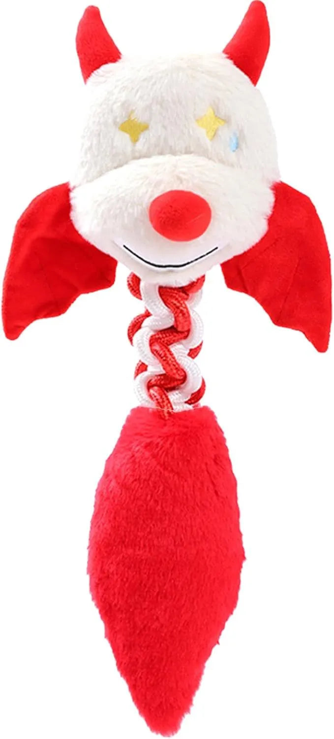 Large black plush dog toy with rope knot, shown next to a red and green version.