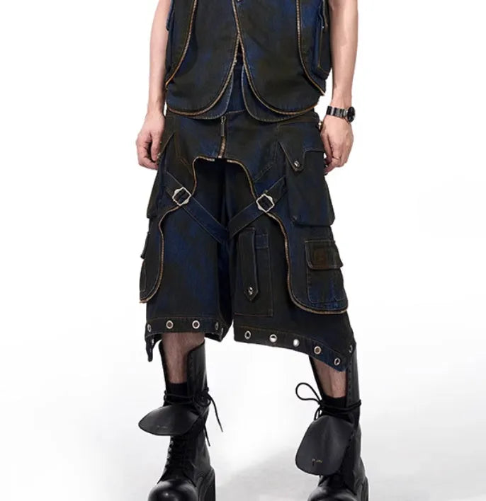 Blue hooded denim vest coat and matching trousers two-piece Korean style outfit