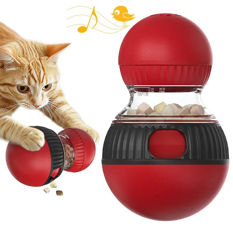 Rotating plastic cat toy with food dropping ball and sound effects for interactive pet play