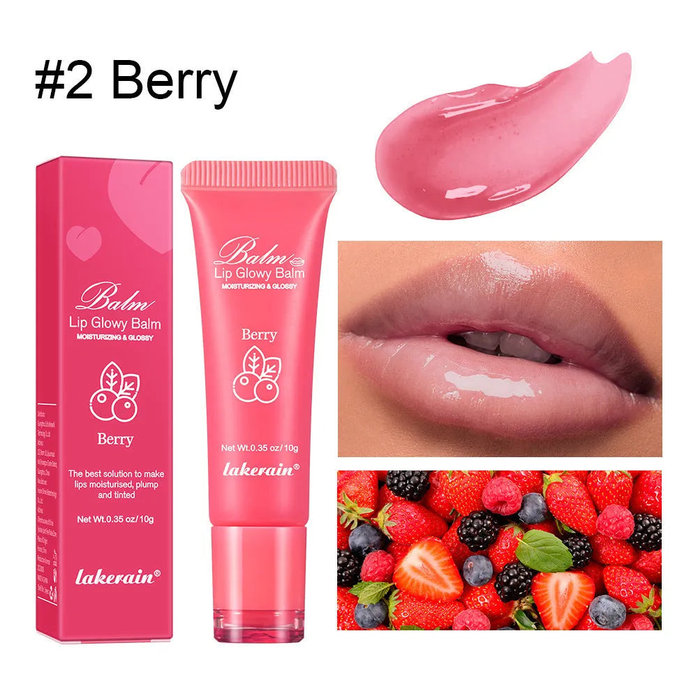 Lip gloss lipstick in natural finish with Berry, Grape, Grapefruit, and Yellow Peach flavour options.