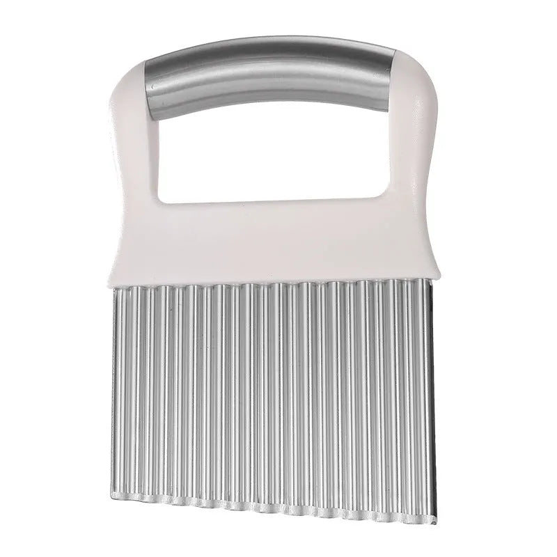 Stainless steel potato wave knife for cutting crinkle chips, shown in black on a kitchen surface.