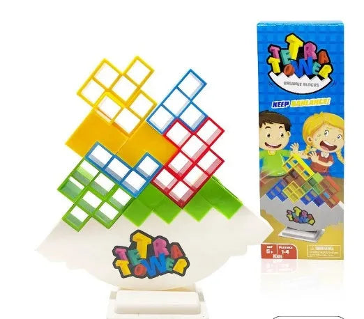 Colourful plastic balance stacking game with blocks, chassis, and base on a table