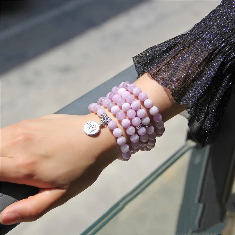 Vintage women's natural stone bracelet with geometric lotus pendant charm.