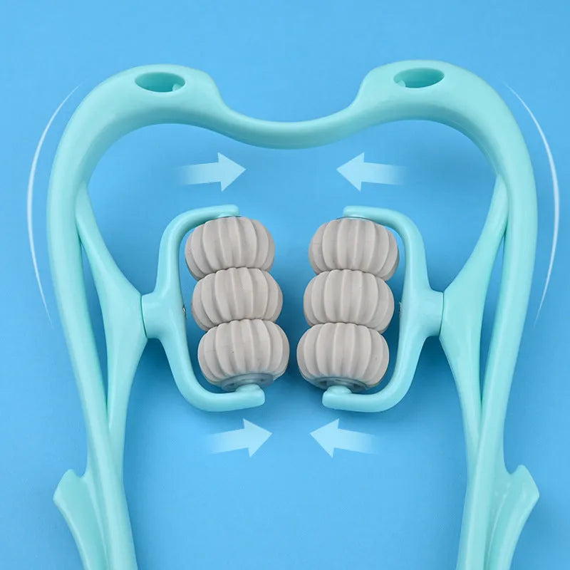 Blue plastic handheld massager with six rolling wheels for neck and shoulders.