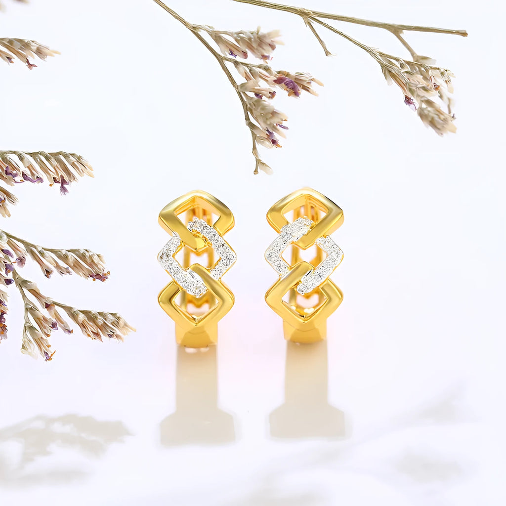 Geometric hollow-out gold alloy earrings with electroplated finish and colour separation detailing