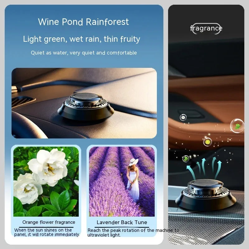 Solar-powered kinetic car air freshener with double rotating rings and plastic housing