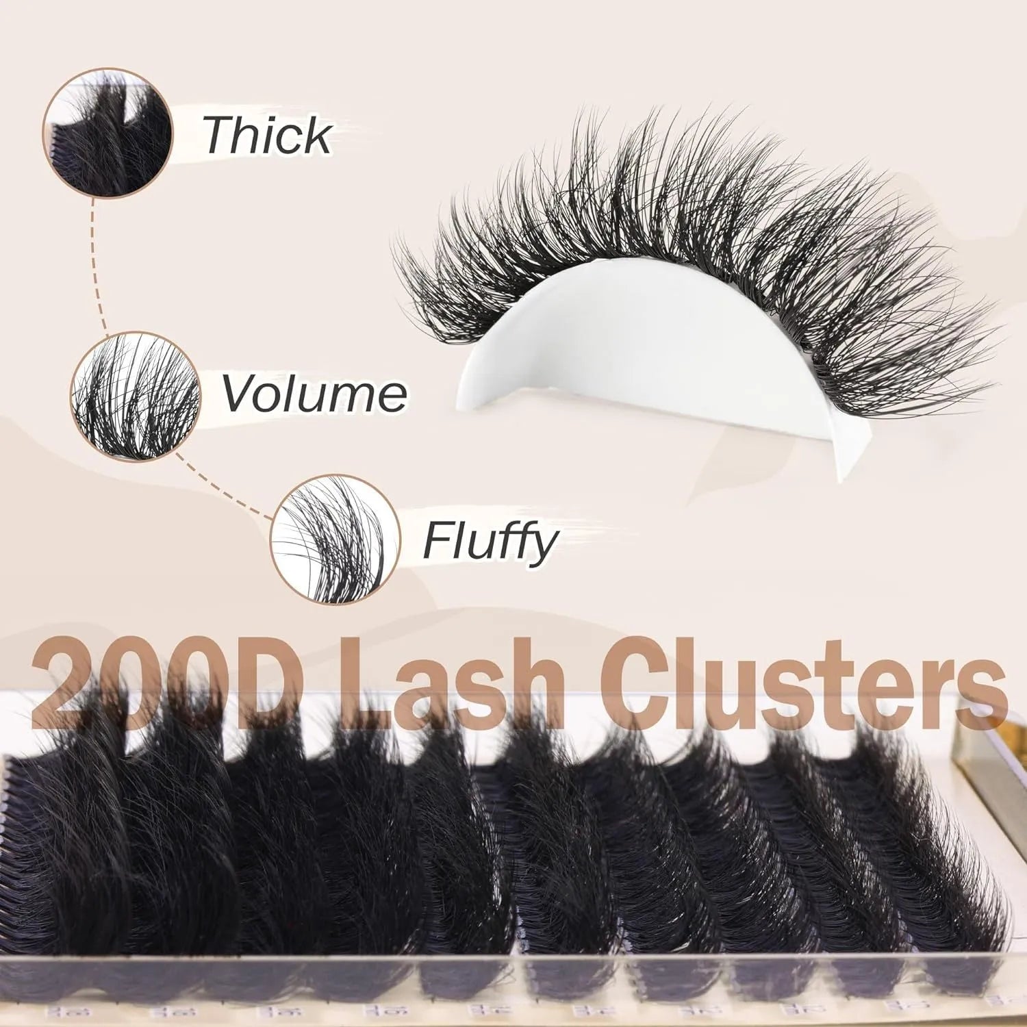 Fluffy faux mink segmented eyelashes 200D high-grade fibre on white background