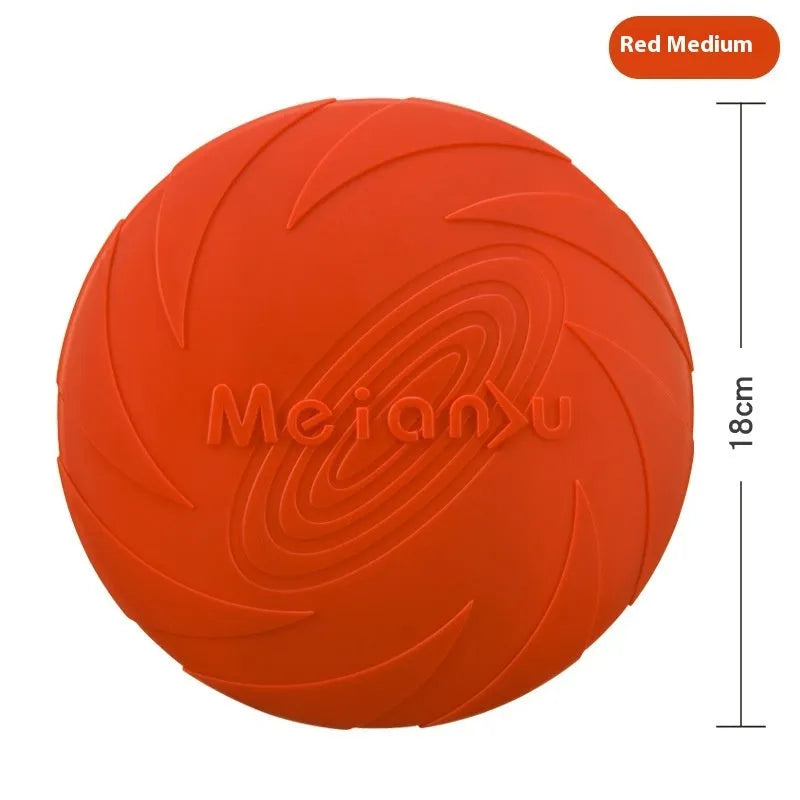 Soft rubber dog frisbee fetch toy shown in blue, green, and red colours for small, medium, and large sizes.