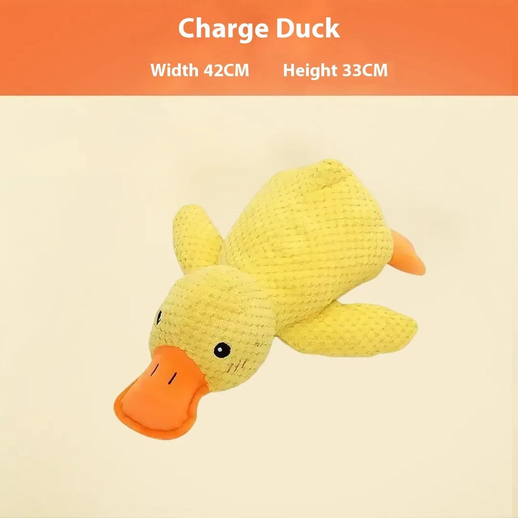 Assortment of soft plush pet toys including a rechargeable duck, a donkey, and companion animals for puppy teething.
