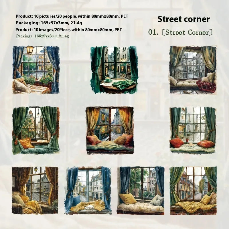 Retro style Window Story Series decorative journal stickers showing six different window-themed colour designs