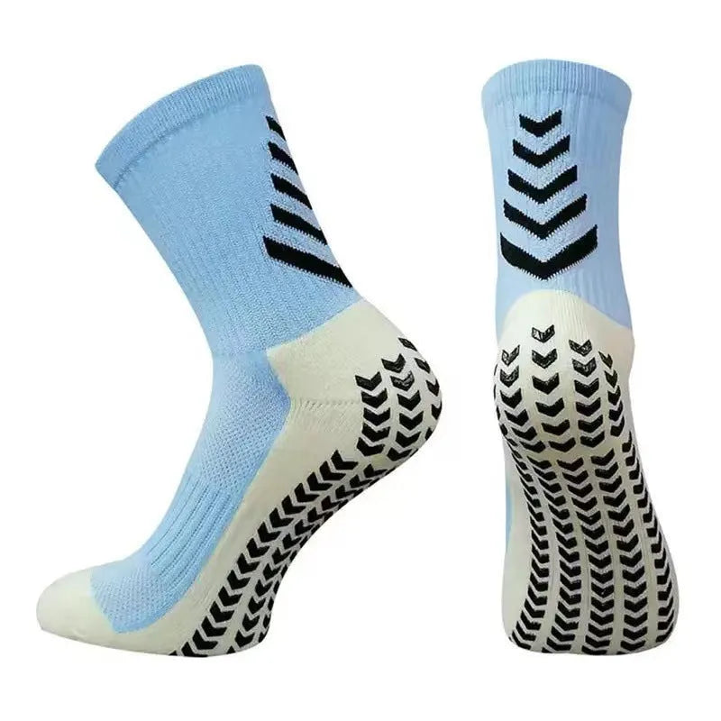 Men's mid-calf athletic socks with geometric patterns and silicone grip for running sports
