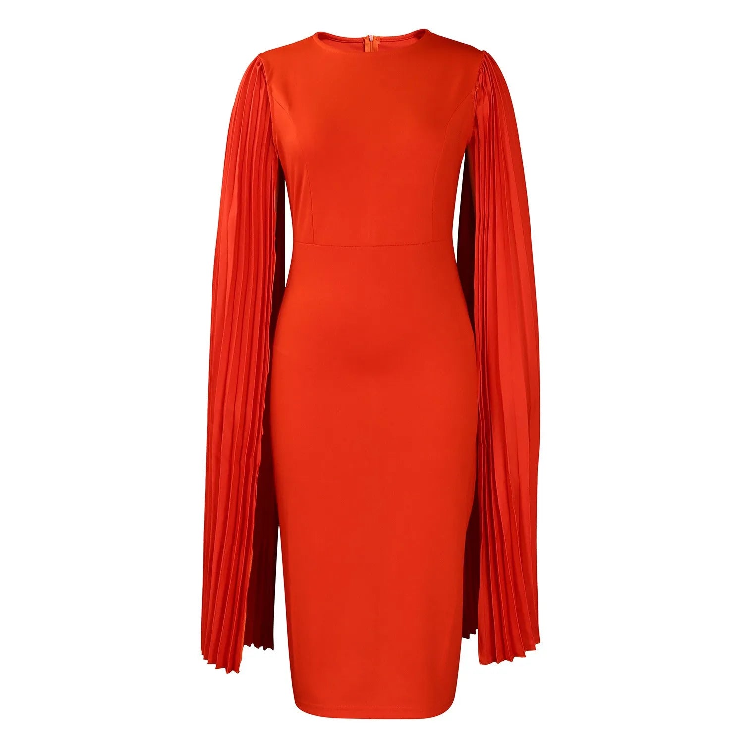 Round neck high waist evening gown with long sleeves and a pleated shawl in yellow, orange, red, or green.