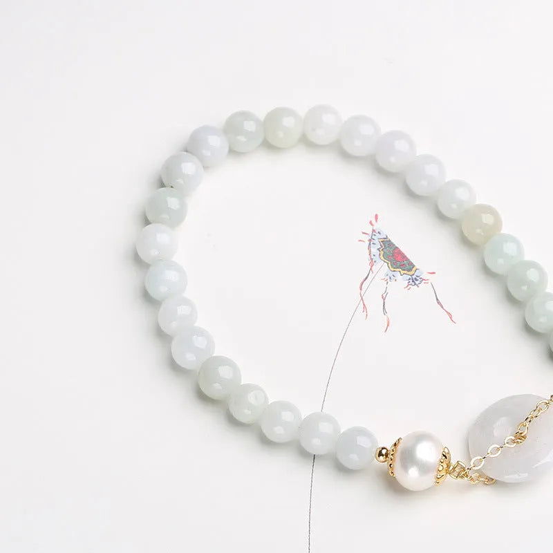Women's jade pearl bracelet with natural emerald peace buckle and geometric national style design