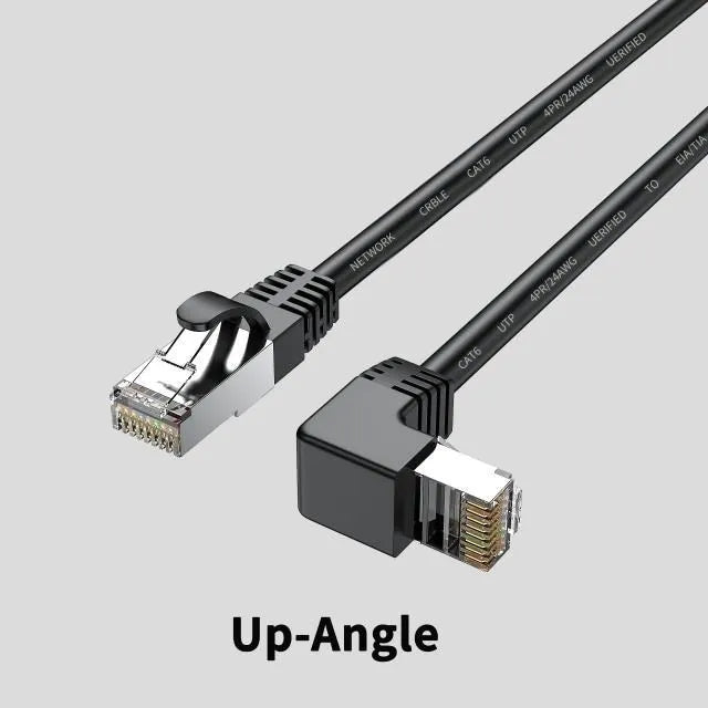 Cat6 Ethernet cable with angled RJ45 connectors in various colours and lengths on a grey background