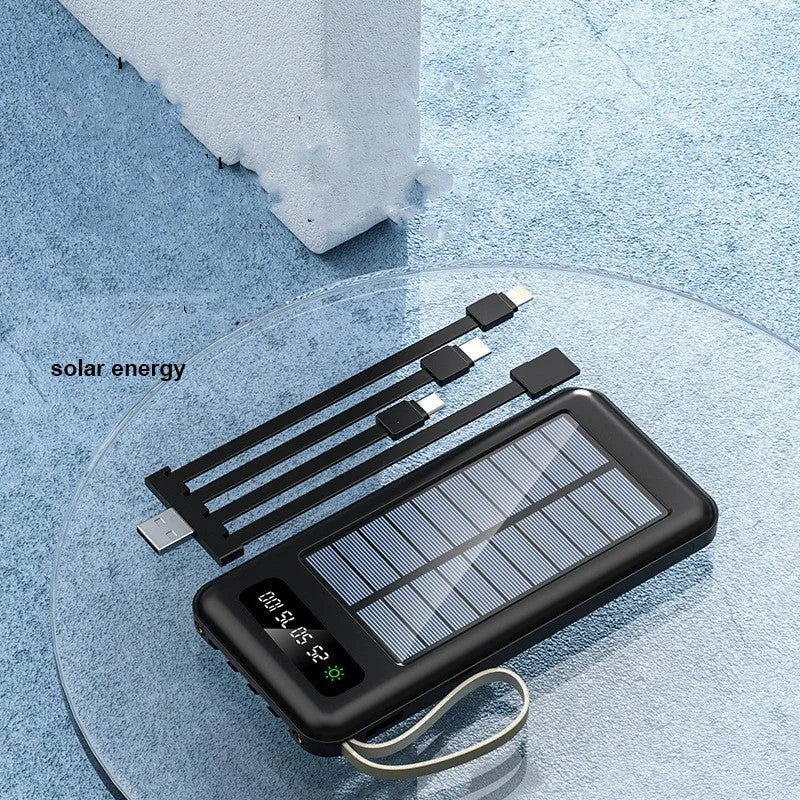 Black and white solar power bank showing front panel with solar cells and dimensions 144x68x16mm.